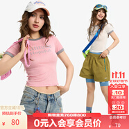 KAMA卡瑪設(shè)計(jì)感撞色印花圓領(lǐng)短袖T恤2025新款夏季女彈力短款上衣 白色 M
