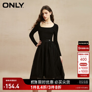 ONLY時尚復古U領高腰長袖中長款連衣裙女|123107041 E39 黑美人 XS (155) 76A