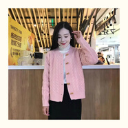 艾蔓婕慵懶風(fēng)牛角扣針織開(kāi)衫毛衣連衣裙套裝女秋冬開(kāi)叉加絨半身裙兩件套 粉紅色上衣+黑色【加絨半身裙】 L 建議（100-120斤）