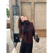 pusumede老錢(qián)氛圍 麻花高領(lǐng)斗篷毛衣女秋冬寬松蝙蝠袖氣質(zhì)針織衫 咖啡色 S