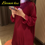 Bmuvlss韓國時(shí)尚春季新法國覆古真菌立領(lǐng)寬松長(cháng)鐘袖百褶裙的婦女 紅色 均碼