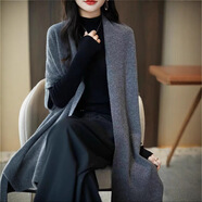 秋季百搭中長(cháng)款羊毛披肩女士新款大碼斗篷加厚外套蝙蝠袖無(wú)扣毛衣 深灰色 均碼 七針加厚400