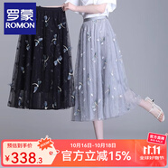 羅蒙（ROMON）半身裙2025春夏新款復(fù)古刺繡網(wǎng)紗中長款顯瘦氣質(zhì)仙女裙百褶a字裙 黑色 均碼  腰圍1尺9~2尺5