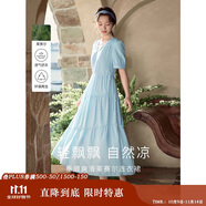 茵曼（INMAN）法式連衣裙女夏季顯瘦遮肚燈籠袖抽繩收腰公主長(zhǎng)裙子 紺藍(lán)色 S 