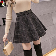 啄木鳥(niǎo)毛呢半身裙女秋冬高腰顯瘦遮胯百搭修身格子蓬蓬a字百褶打底短裙 黑格 XL