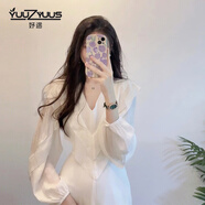 妤遇（YUUZYUUS）法式白色連衣裙女2025春秋新款氣質(zhì)溫柔風(fēng)收腰顯瘦V領(lǐng)中長(cháng)款裙子 白色 L