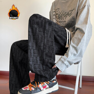 魄克格紋休閑褲男春秋季新款美式潮牌燈芯絨直筒臟臟褲大碼寬松長褲子 黑色加絨 3XL 170-190斤