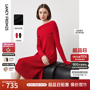 朗姿羊毛一字領(lǐng)法式復(fù)古氣質(zhì)長(zhǎng)袖針織連衣裙冬季新款裙子 中國(guó)紅色 XL