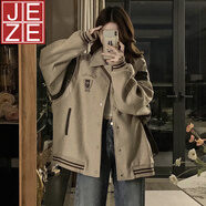 JEZE美式復(fù)古棒球服外套女2024秋冬新款歐美街頭oversize寬松夾克潮牌 燕麥色【z】 L