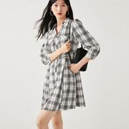 VEROMODA 連衣裙2023早秋新款七分袖復古格紋收腰A字裙短裙3233SZ005