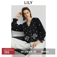 LILY2025秋新款棉麻波嬉風(fēng)花邊設(shè)計(jì)感波西米亞繡花V領(lǐng)長袖襯衫女 510黑 L