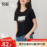 歐莎（OSA）白色短款T恤女士夏季新款衣服短袖印花顯瘦正肩上衣體恤修身 黑色 XL