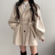 tromlfz米白色感毛呢大衣女秋冬燈籠長袖加厚外套韓版連衣裙收腰短裙 杏色 S