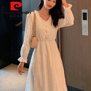 皮爾卡丹（pierre cardin）秋季新.品赫本法式白裙長袖連衣裙女收氣質(zhì)顯瘦中長款仙女裙子 米白色今年流行的輕奢品牌 S 建議90以內(nèi)
