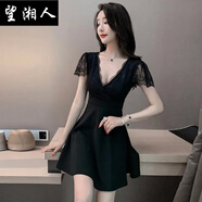 望湘人女裝性感連衣裙夏氣質(zhì)深V領(lǐng)低胸收腰顯瘦a字裙足浴技師工作服 708黑色 XL