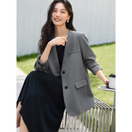 XWI欣未知性?xún)?yōu)雅法式蕾絲拼接飄帶無(wú)領(lǐng)西裝女秋季松弛老錢(qián)風(fēng)外套 灰色 S