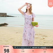 三彩2025夏季新款木耳邊荷葉袖蝴蝶印花雪紡連衣裙大擺長裙M 淡紫色花卉 S 155/80A