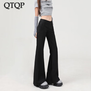 QTQP美式辣妹低腰微喇叭休閑褲女秋冬季加絨不貼腿修身馬蹄正裝西裝褲 黑色 常規 #加長(cháng) S