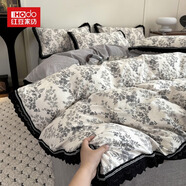 紅豆加厚高克重原麻復古風(fēng)床上四件套亞麻皺皺紗高端全棉花邊床單被套 復古黑花邊一水木年華 四件套1.8 床單款 （被套200*230cm）