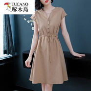 啄木鳥棉麻中長款v領(lǐng)連衣裙女2025春夏新款大碼胖mm松緊腰顯瘦短袖裙子 卡其 M 建議95-105斤