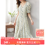 尚都比拉夏季法式碎花連衣裙泡泡袖茶歇裙氣質(zhì)女神范裙子 杏底藍花 S 