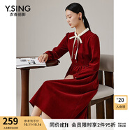 衣香麗影灰色燈芯絨蝴蝶結(jié)連衣裙女2025年秋裝新款韓系氛圍感裙子 棗紅 M