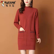 啄木鳥(niǎo)（TUCANO）中長(cháng)款打底衫女秋冬裝洋氣內搭2025新款半高領(lǐng)毛衣加絨加厚毛衣裙 磚紅色 L 100-120
