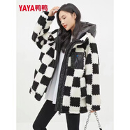 鴨鴨（YAYA）品牌趙露思同款2025冬季新款羊羔絨保暖加厚時(shí)尚百搭防寒女裝外套 黑白格色 S