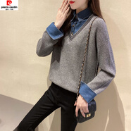 皮爾卡丹（pierre cardin）假兩件拼接牛仔布襯衫領(lǐng)毛衣女秋冬時尚針織寬松套頭大尺碼百搭女 灰色牛仔領(lǐng) XL