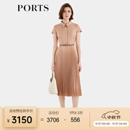 PORTS寶姿女裝春夏新款通勤襯衫領(lǐng)拼接百褶收腰短袖中長連衣裙 珍珠粉-1 S (4)