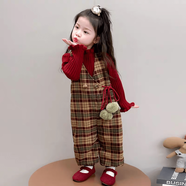 葉余童裝女童連體褲子秋冬2025新款洋氣兒童圣誕節服裝紅色格子背帶褲 套裝紅色加厚毛衣+格子毛呢背帶褲 110