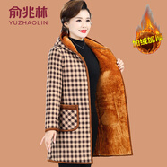 俞兆林（YUZHAOLIN）媽媽冬裝加絨加厚花棉衣中老年女裝中長(cháng)款棉服奶奶裝大碼棉襖外套 咖啡格 3XL (參考120-135斤)