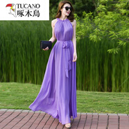 啄木鳥(niǎo)冰絲超長(cháng)及踝長(cháng)裙2025新款波西米亞純色雪紡大碼連衣裙度假沙灘裙 紫羅蘭 裙長(cháng)130【建議身高160左右 均碼