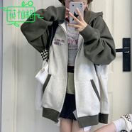 莜仙格韓國(guó)原Chic設(shè)計(jì)感春夏加絨連帽拉鏈外套女BM復(fù)古插肩寬松開(kāi)衫衛(wèi)衣 灰色[薄款] M 建議 86-105斤