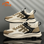 貴人鳥(niǎo)跑步鞋品牌男鞋2025冬季新款厚底減震防滑耐磨革面運動(dòng)休閑慢跑鞋 米/褐色 39