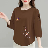 纖蕓沐（XIANYMU）t恤女寬松春秋裝新款顯瘦遮肚七分袖上衣女裝體恤衫百搭秋裝女 咖色 （梅花蝴蝶） 2XL 建議120-130斤