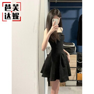 芭芙達妮法式黑色吊帶連衣裙女2025新款夏新款修身收腰顯瘦百褶小短裙潮 黑色 S 建議90斤內