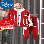 迪士尼（Disney）男童秋裝套裝2024新款洋氣一歲男寶寶冬季運動三件套嬰兒童衣服 XY字母PKR三件套紅色 110 建議100-110cm2歲-3歲cm 建
