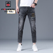 AEMAPE潮牌刺繡印花九分牛仔褲男歐洲站煙灰色修身小腳薄款小個(gè)子9分褲 J9FK958-煙灰色刺繡九分 28 【2尺1】