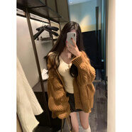 浣伊粗棒針慵懶風(fēng)毛衣寬松初秋秋冬女棕色夾克格麻花針織開(kāi)衫時(shí)髦上衣 棕色 XL