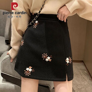 皮爾卡丹大碼毛呢繡花半身裙2025秋冬女胖mm百搭顯瘦短裙子包臀開(kāi)叉a字裙 黑色 毛呢面料 L 建議105-115斤