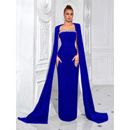 無(wú)疆妙品歐美性感一字領(lǐng)鑲鉆拼接晚禮服拖地長(cháng)袖后開(kāi)叉純色宴會(huì )連衣裙 藍色 XS XS