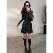 京東嚴選法式赫本風(fēng)覆古印花加絨長(cháng)袖連衣裙女秋冬御姐修身顯瘦打 圖片色短款 S S85-95