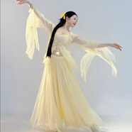 重回漢唐古典舞仙氣飄逸紗衣喇叭袖身韻服古風(fēng)外披大擺裙褲演出服舞蹈紗衣 琉光黃上衣 L