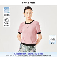 娜爾思（NAERSI）新款商場同款毛針織衫短袖低圓領(lǐng)簡約修身毛衫上衣 淡紅色 2XL