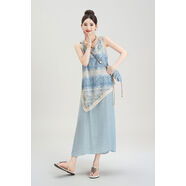 藍色度假風(fēng)假兩件吊帶洋裝女夏季新款不規則條紋扎染背心長(cháng)裙子 藍色商場(chǎng)版 S