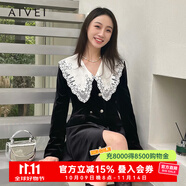 AIVEI欣賀艾薇秋冬商場(chǎng)同款名媛赫本長(cháng)袖絲絨連衣裙P752905A 黑色 L