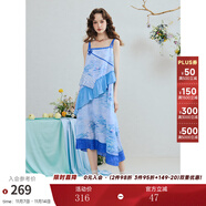 兩三事青漪浣紗 2025夏季新款森女風(fēng)荷葉邊拼接盤扣印花吊帶裙連衣裙 彩藍色 S