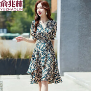 俞兆林純·棉碎花雪紡連衣裙夏季新品法式V領(lǐng)短袖時(shí)尚小個(gè)子顯瘦百搭裙 綠色 M (80-100斤  甄選面料)