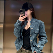 復古肌理感小香風牛仔外套女春秋新款韓版氣質(zhì)立領(lǐng)百搭夾克上衣潮 藍色（優(yōu)質(zhì)保障現(xiàn)貨版） S